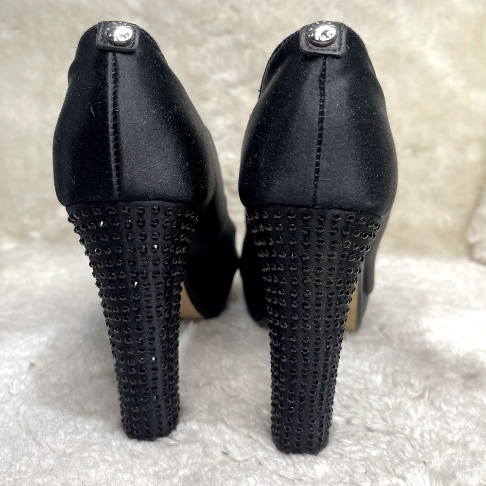 Size 7 black MICHAEL Michael Kors rhinestone chunky heel peep toe pumps